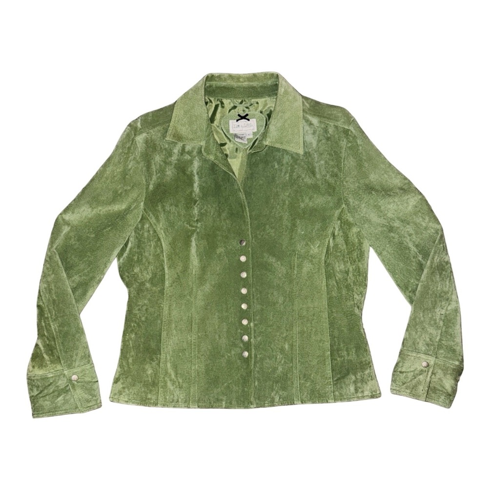 VTG Live A Little Apple Green Lined Suede Leather Jacket L Snap Button 90s Y2K